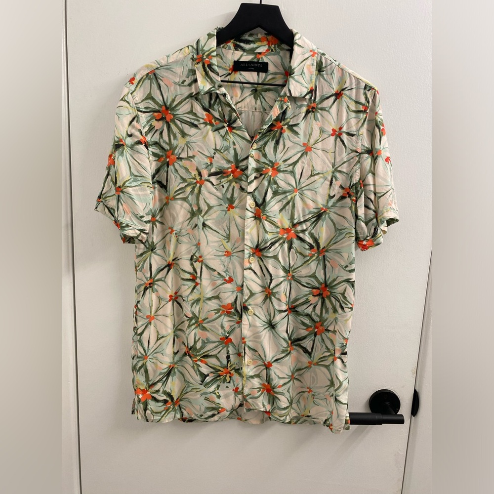 All Saints Green and Orange Floral Casual Button Down Shirt